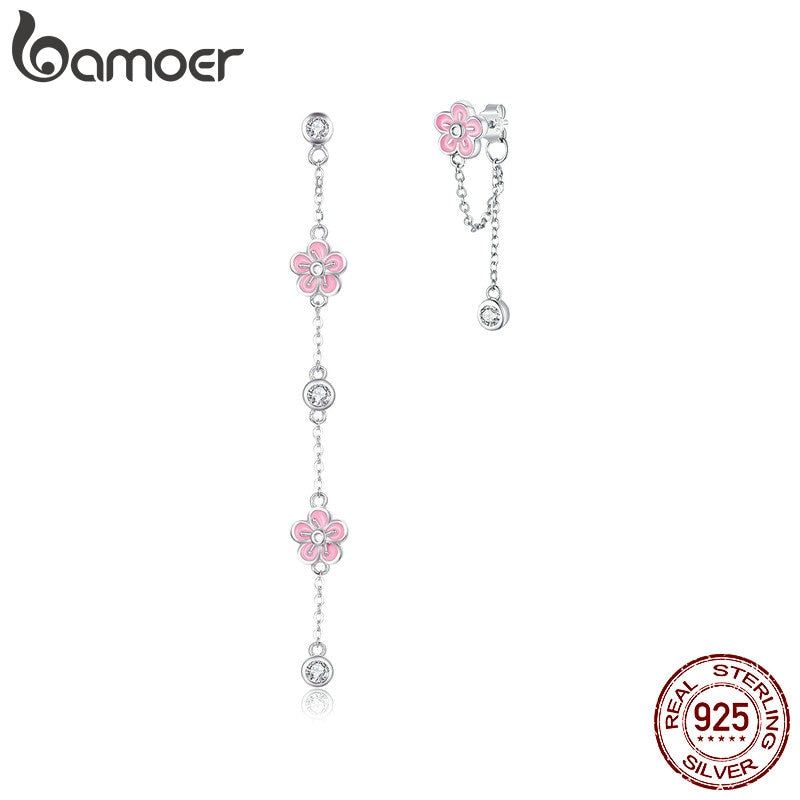 bamoer Enamel Pink Flower Long Drop Earrings for Women Sakura Cherry Blossom Dangle Chain Earing Korean Fashion Jewelry BSE057