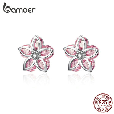 bamoer Cherry Blossom Crystal Stud Earrings 925 Stelring Silver Pink Flower Ear Studs Korean Wedding Statement Jewelry SCE644