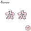 bamoer Cherry Blossom Crystal Stud Earrings 925 Stelring Silver Pink Flower Ear Studs Korean Wedding Statement Jewelry SCE644