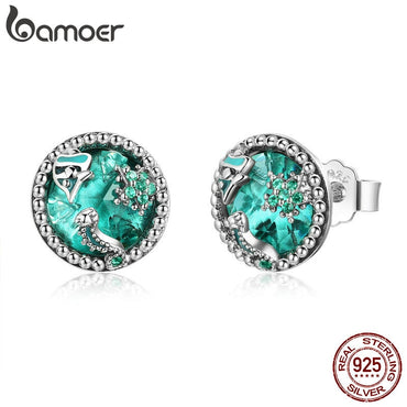 BAMOER Authentic 925 Sterling Silver Ocean Tropical Fish Stud Earrings for Women Green CZ Sterling Silver Jewelry Gift SCE496