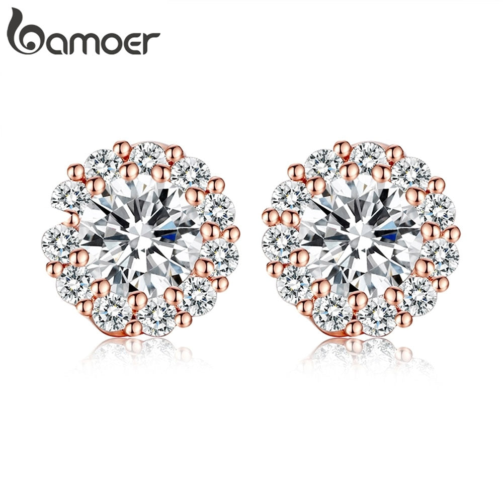 BAMOER Fashion  Gold Color 5 Color Round Crystals Stud Earrings with AAA Zircon Women Jewelry Birthday Gift JIE054