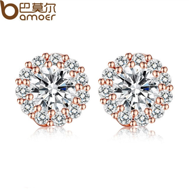 BAMOER Fashion  Gold Color 5 Color Round Crystals Stud Earrings with AAA Zircon Women Jewelry Birthday Gift JIE054