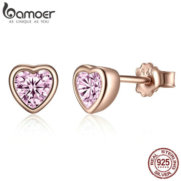 BAMOER 100% 925 Sterling Silver 3 Colors Heart Dazzling Pink CZ Stud Earrings for Women Sterling Silver Jewelry Gift PAS452-J