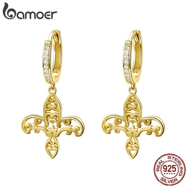 BAMOER Vintage Real 925 Sterling Silver Iris fleur-de-lis Flower Gold Color Women Drop Earrings Fashion Earrings Jewelry SCE535