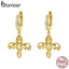 BAMOER Vintage Real 925 Sterling Silver Iris fleur-de-lis Flower Gold Color Women Drop Earrings Fashion Earrings Jewelry SCE535