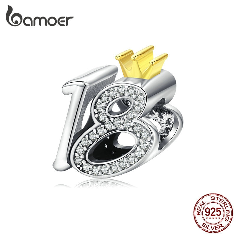 bamoer Genuine 925 Sterling Silver Charm for Bracelet & Bangle 18-year-old Adult Ceremony Bead with Clear CZ DIY Jewelry BSC131