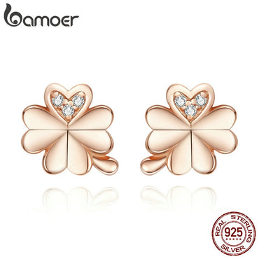 bamoer Four-Leaf Clovers Stud Earrings for Women Rose Gold Color 925 Sterling Silver Wedding Jewelry for Kid Anti-allergy BSE233