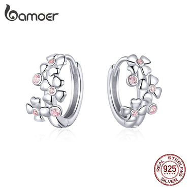bamoer Sterling Silver 925 Pink Cherry Blossoming Hoop Earrings for Women Valentine Girl Gifts Wedding Statement Jewelry BSE345