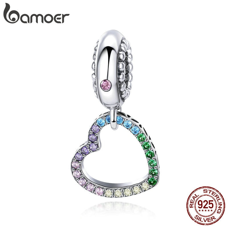 BAMOER Romantic New 925 Sterling Silver Rainbow Heart Shape Charms Beads fit Bracelets Necklaces DIY Jewelry Accessories SCC896