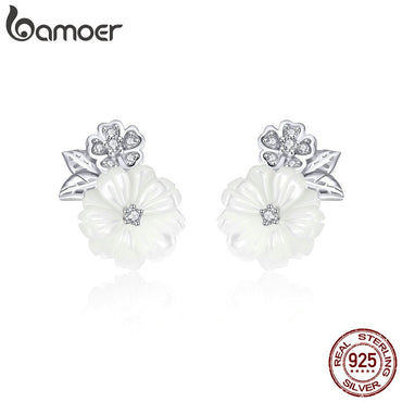 BAMOER Genuine 925 Sterling Silver Shell Flower White Enamel Stud Earrings for Women Fashion Sterling Silver Jewelry BSE008