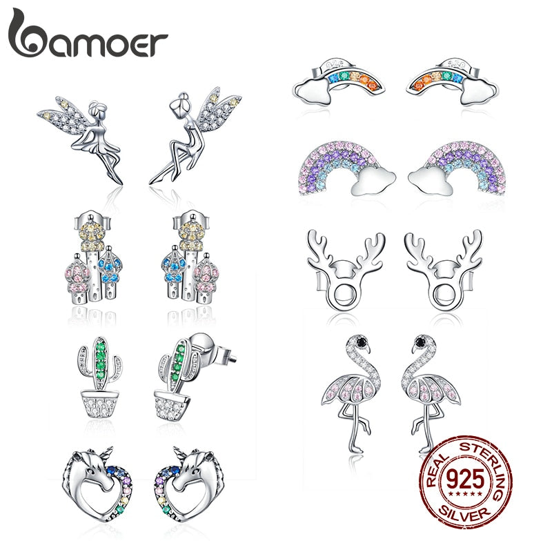 BAMOER Romantic Genuine 925 Sterling Silver Cute Fairy Elevs Exquisite Stud Earrings for Women Luxury Jewelry Making GAE046