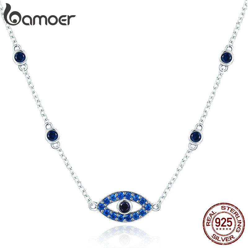 BAMOER Real 925 Sterling Silver Guardian Lucky Eye Blue CZ Chain Pendant Necklaces for Women Sterling Silver Jewelry SCN300