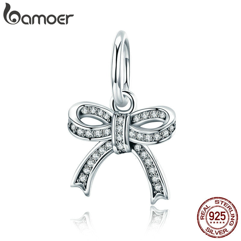 BAMOER 100% 925 Sterling Silver Sweet Bowknot Crystal CZ Bowknot Charms Fit Bracelets & Bangles Necklace Jewelry Gift SCC775