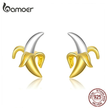 bamoer Fruit Banana Stud Earrings for Women Funny Design 925 Sterling Silver Korean Gold Color Fashion Jewelry Ear Pins SCE731