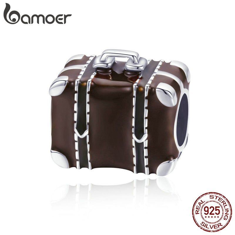 BAMOER Hot Sale 925 Sterling Silver Travel Suitcase Box Brown Enamel Beads Charm fit Bangles Bracelet DIY Jewelry Making SCC952