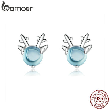 bamoer Crystal Stone Deer Stud Earrings For Girls Party Accessories 925 Silver Animal Antler Earring Lady Fashion Jewelry BSE210