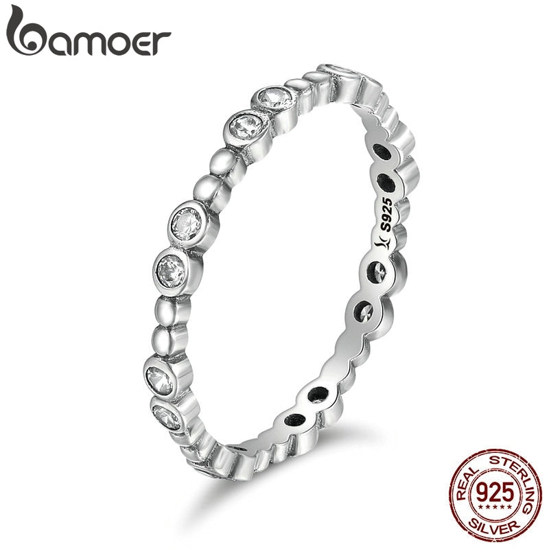 BAMOER Classical Genuine 925 Sterling Silver Round Geometric Sparking CZ Finger Rings for Women Sterling Silver Jewelry SCR102