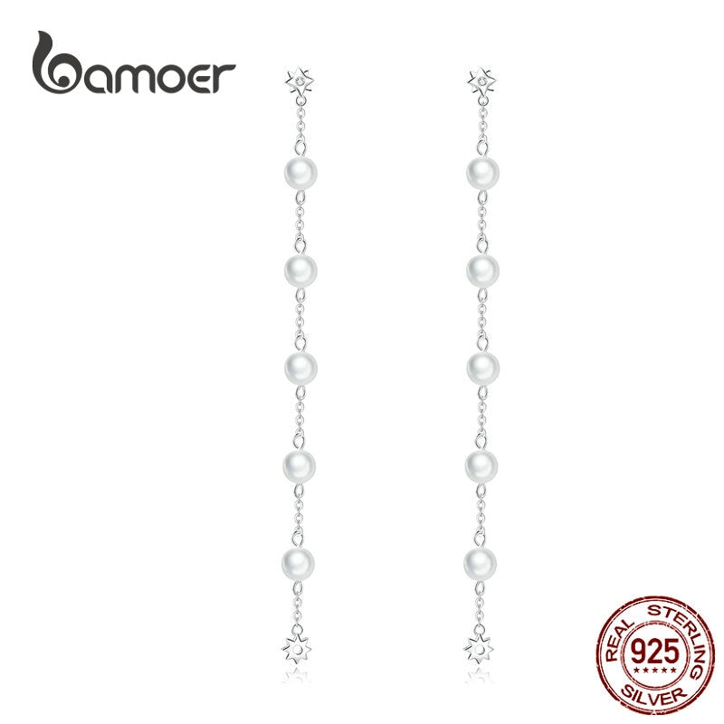 bamoer Pearl Long Chain Drop Earrings for Women Genuine 925 Sterling Silver Dangle Korean Style Earrings Party Jewelry BSE185