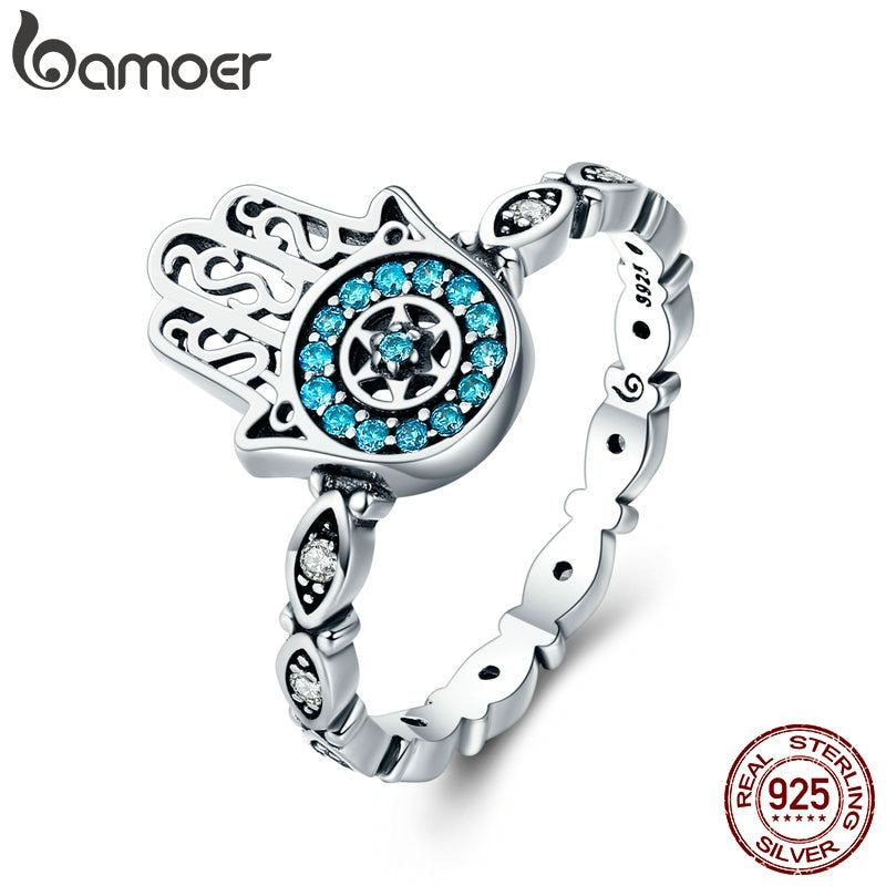 BAMOER Genuine 100% 925 Sterling Silver Fatima's Guarding Hand Blue CZ Eyes Finger Ring for Women Engagement Jewelry SCR369