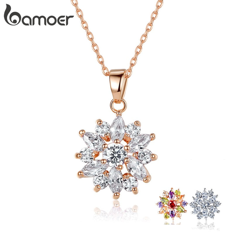 BAMOER Hot Sell Gold Color Flower Necklaces Pendants with High Quality Cubic Zircon For Women Birthday Gift JIN024