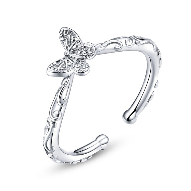 BAMOER Silver Ring Spring Garden Series Flower Plant Butterfly Silver 925 Ring Adjustable Size for Women Luxury Ring Fine Jewel