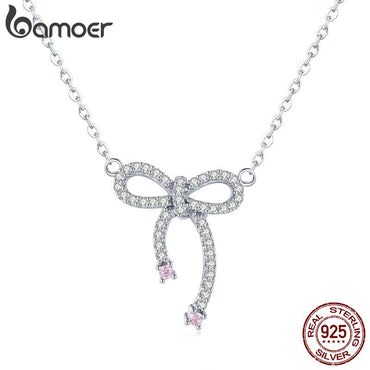 BAMOER Romantic 925 Sterling Silver Luminous Bowknot Shape Clear Cubic Zircon Women Necklaces Female Fashion Jewelry BSN040
