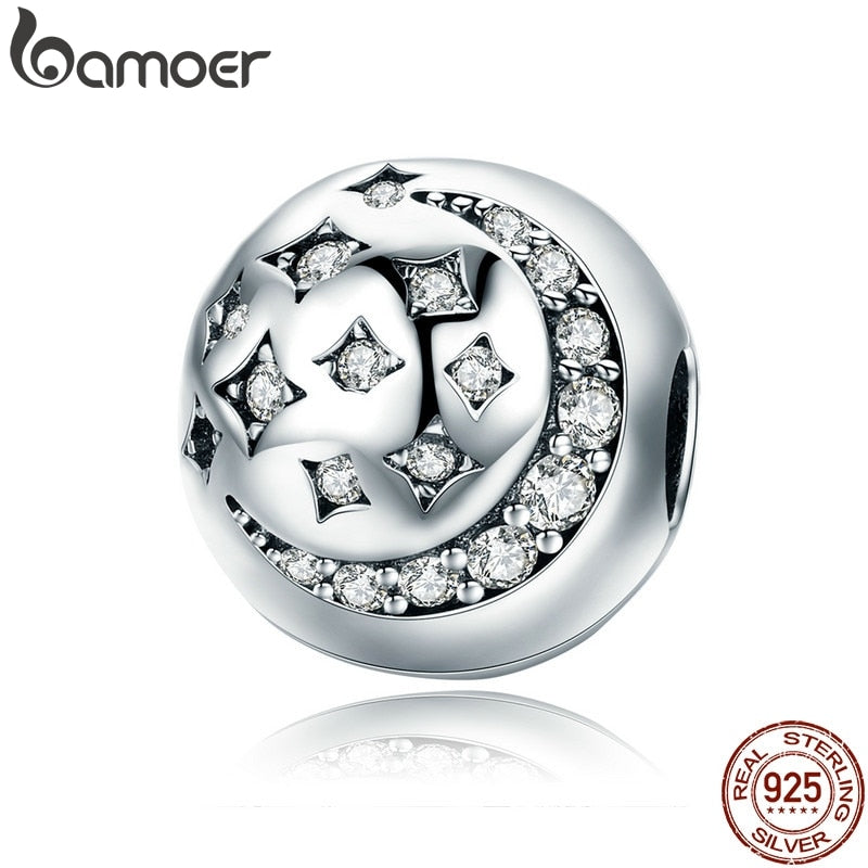 BAMOER 925 Sterling Silver Moon & Star Stopper Clip Sparkling CZ Beads fit Bracelet for Women DIY Jewelry Making SCC813