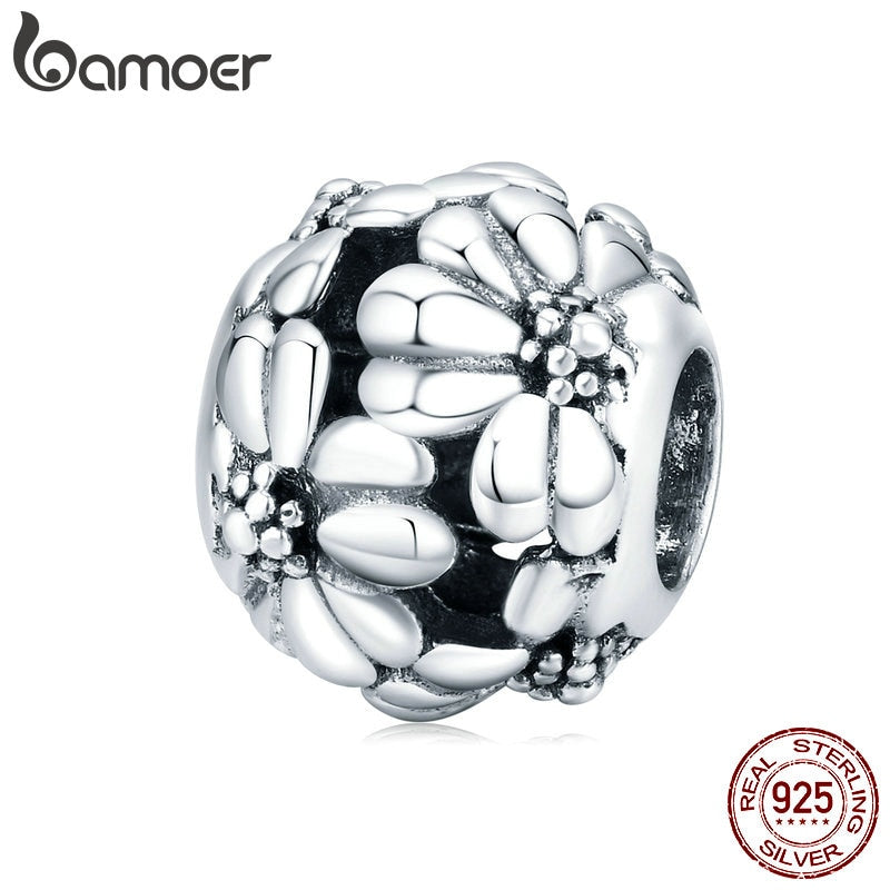 bamoer Real 925 Sterling Silver Metal Flower Round Beads for Women Jewelry Making Charm fit Original Silver Bracelet SCC1487