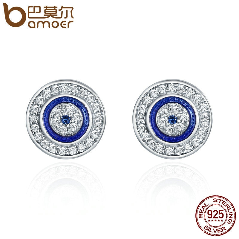 BAMOER Hot Sale Authentic 925 Sterling Silver Blue Eye Round Stud Earrings for Women Fashion Sterling Silver Jewelry SCE148