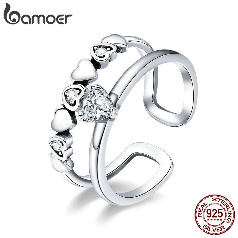 BAMOER 925 Sterling Silver Elegant Heart to Heart Clear Cubic Zircon Open Size Rings for Women Sterling Silver Jewelry SCR429