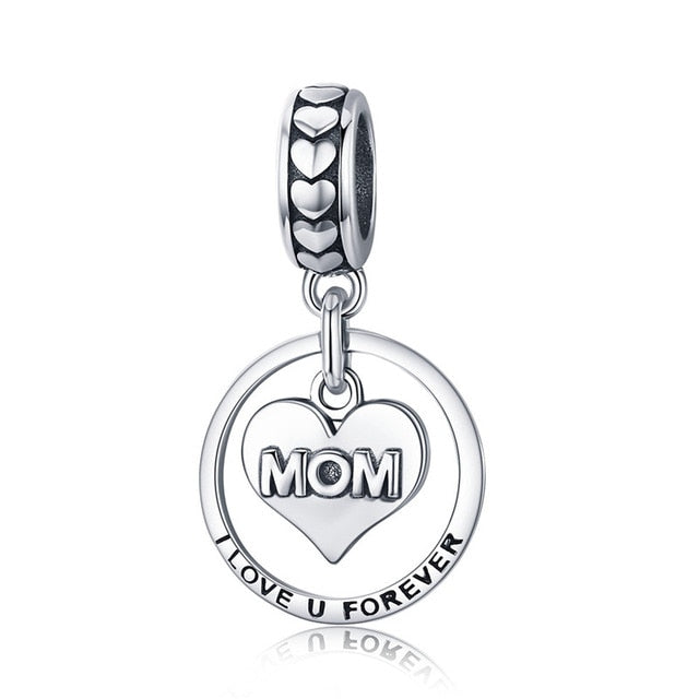 BAMOER 925 Sterling Silver I Love u Forever Mom Mother Engrave Beads fit Charm Bracelets & Bangles Jewelry Mother Gift SCC649