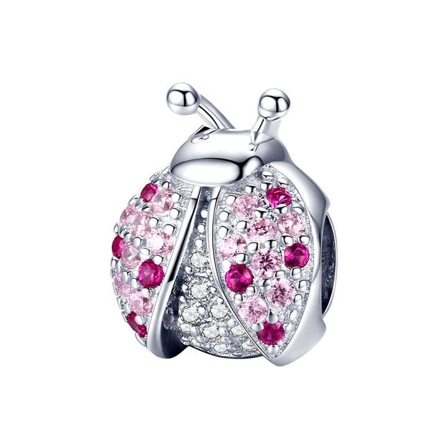 BAMOER New Arrival 925 Sterling Silver Ladybug Pink Cubic Zircon Insect Charms Beads fit for Bracelets DIY Jewelry SCC1120