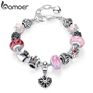 Silver Color Snake Chain Charm Bracelets & Bangles with Safety Chain & Glass Beads Bracelet for Women PA1494