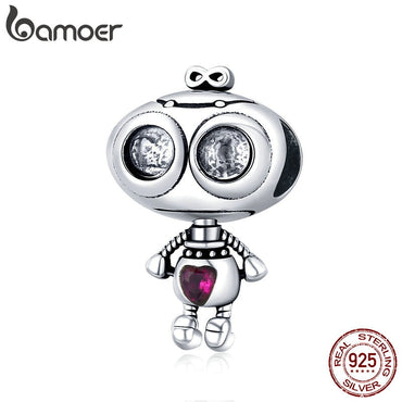 bamoer Genuine 925 Sterling Silver Fall in Love Robot Metal Beads for Women Charm Bracelets Original Design Jewelry SCC1524