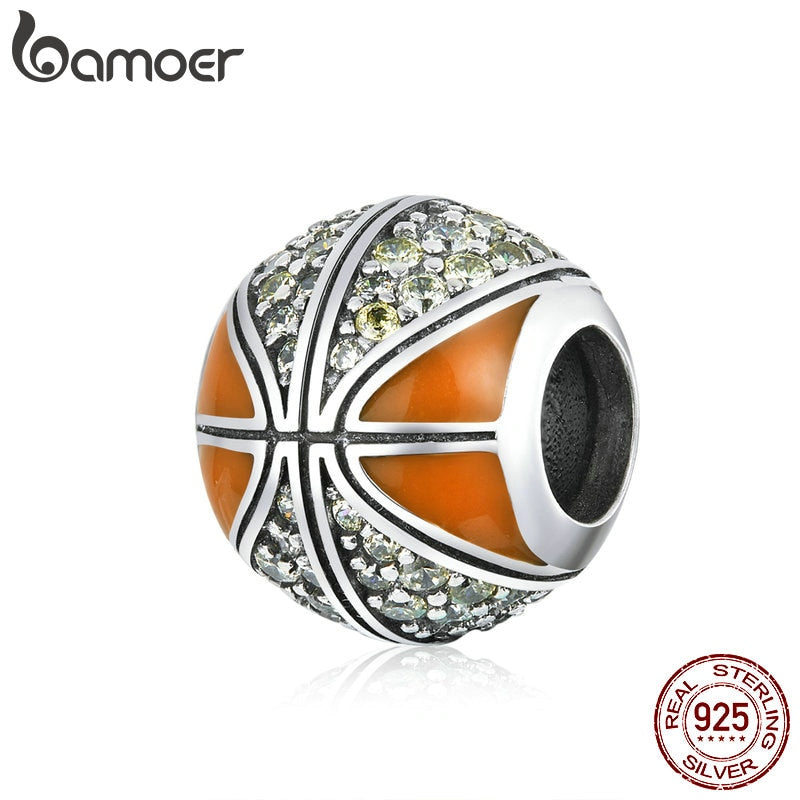 bamoer Sterling Silver 925 CZ Paved and Emamel Basketball Charm for Original Silver 3mm Snake Bracelet or Necklace SCC1506