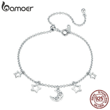 BAMOER Fashion New 925 Sterling Silver Moon And Star Chain Link Bangles Bracelets for Women Sterling Silver Jewelry SCB107