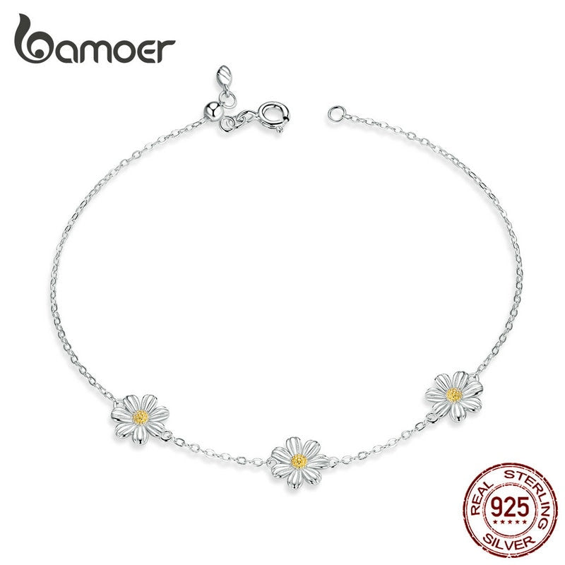 bamoer Daisy Flower Link Bracelet for Women Genuine 925 Sterling Silver Fresh Lovely Gifts Anti-allergy Gift Fine Jewelry SCB165