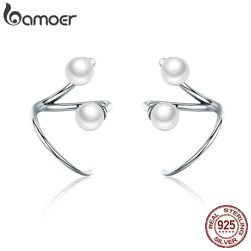 BAMOER 100% 925 Sterling Silver Earrings Elegant  Pearl Stud Earrings for Women Silver Jewelry SCE306