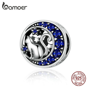 BAMOER Silver S925 Beads Sterling Silver 925 Blue Moon Naughty Cat Pet Charms for Bracelet Bangle DIY Jewelry Making SCC1204