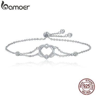 BAMOER Genuine 925 Sterling Silver Twisted Double Heart in Heart Chain Bracelets For Women Authentic Silver Jewelry Gift SCB022