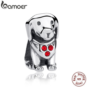 BAMOER 925 Sterling Silver Dog Animal Beads Charms With Red Created Stone for DIY Bracelet Jewelry Making Baby Gift SCC016