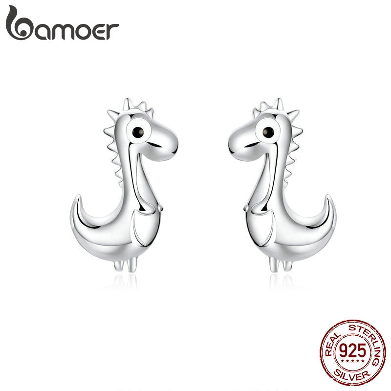 bamoer Silver 925 Dinosaur Stud Earrings for Women 925 Sterling Silver Cute Animal Ear Pins Fine Jewelry Bijoux Brincos SCE874