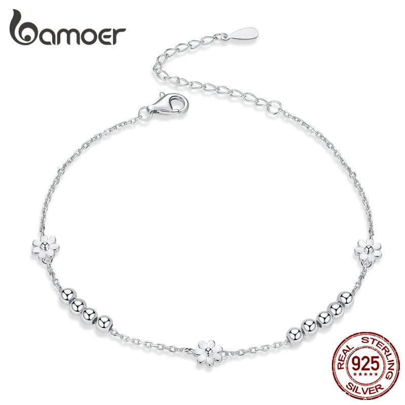 bamoer Daisy Flower Chain Bracelet Genuine 925 Sterling Silver Beads Link Bracelets for Women Fashion Accessory for Girl SCB146