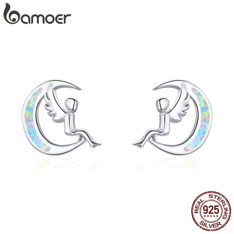 bamoer Stud Earrings for Women 925 Sterling Silver Opal Moon and Elf Ear Stud Jewelry Brincos New Design Ear Accessories SCE854