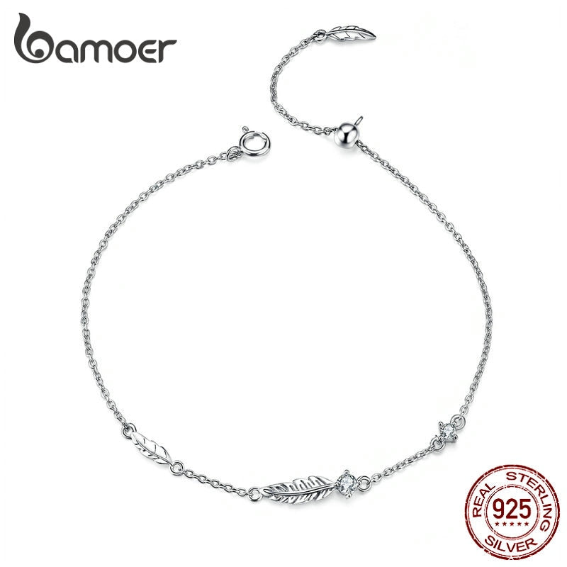 BAMOER Boho Feather Chain Bracelet Sterling Silver 925 Link Bohemia Style Zironia Jewelry Summer Girl Gifts SCB133