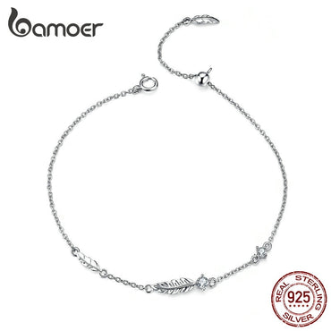 BAMOER Boho Feather Chain Bracelet Sterling Silver 925 Link Bohemia Style Zironia Jewelry Summer Girl Gifts SCB133