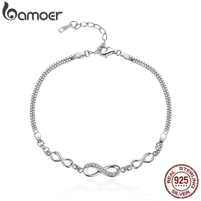 BAMOER Authentic 925 Sterling Silver Endless Love Infinity Chain Link Adjustable Women Bracelet Luxury Silver Jewelry SCB037