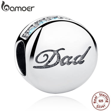 BAMOER Genuine 925 Sterling Silver Blue Crystals Dad Charm Fit  Bracelets Bangles Father's Day Gift SCC006
