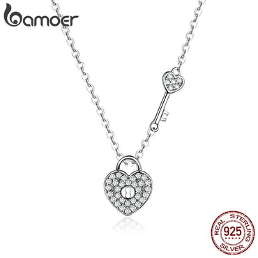 BAMOER New Arrival Luxury 925 Sterling Silver Love Heart Lock & Key Pendant Necklace for Women Wedding Fine Jewelry SCN315