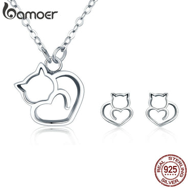BAMOER 100% 925 Sterling Silver Lovely Pussy Cat Women Jewelry Set Necklace Earrings Jewelry Sets Sterling Silver Jewelry Gift